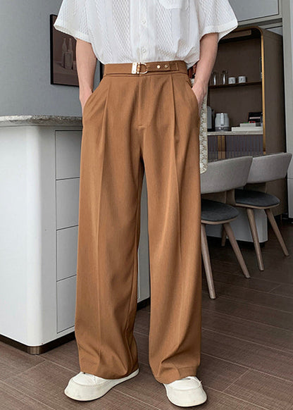 Solid Men High Brown Fall Waist Pants Spandex