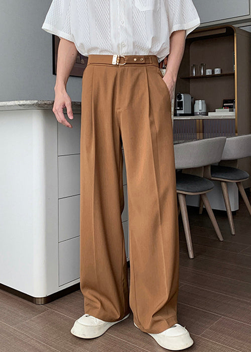 Solid Men High Brown Fall Waist Pants Spandex