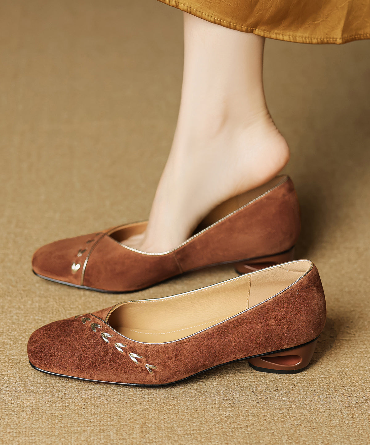 Toe Elegant Splicing Square Brown Shoes Suede Chunky