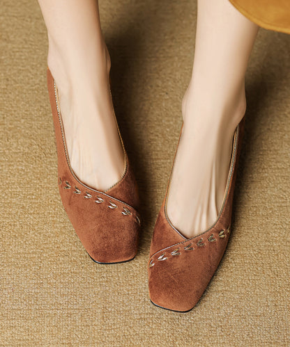 Toe Elegant Splicing Square Brown Shoes Suede Chunky