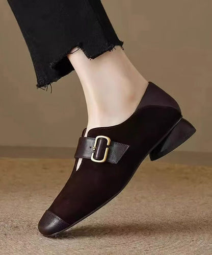 Brown Buckle Strap For Splicing Suede Women Chunky Loafers