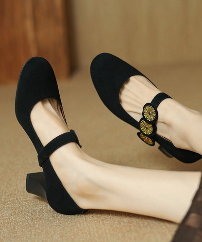 Strap Splicing Suede Heels High Buckle French Brown