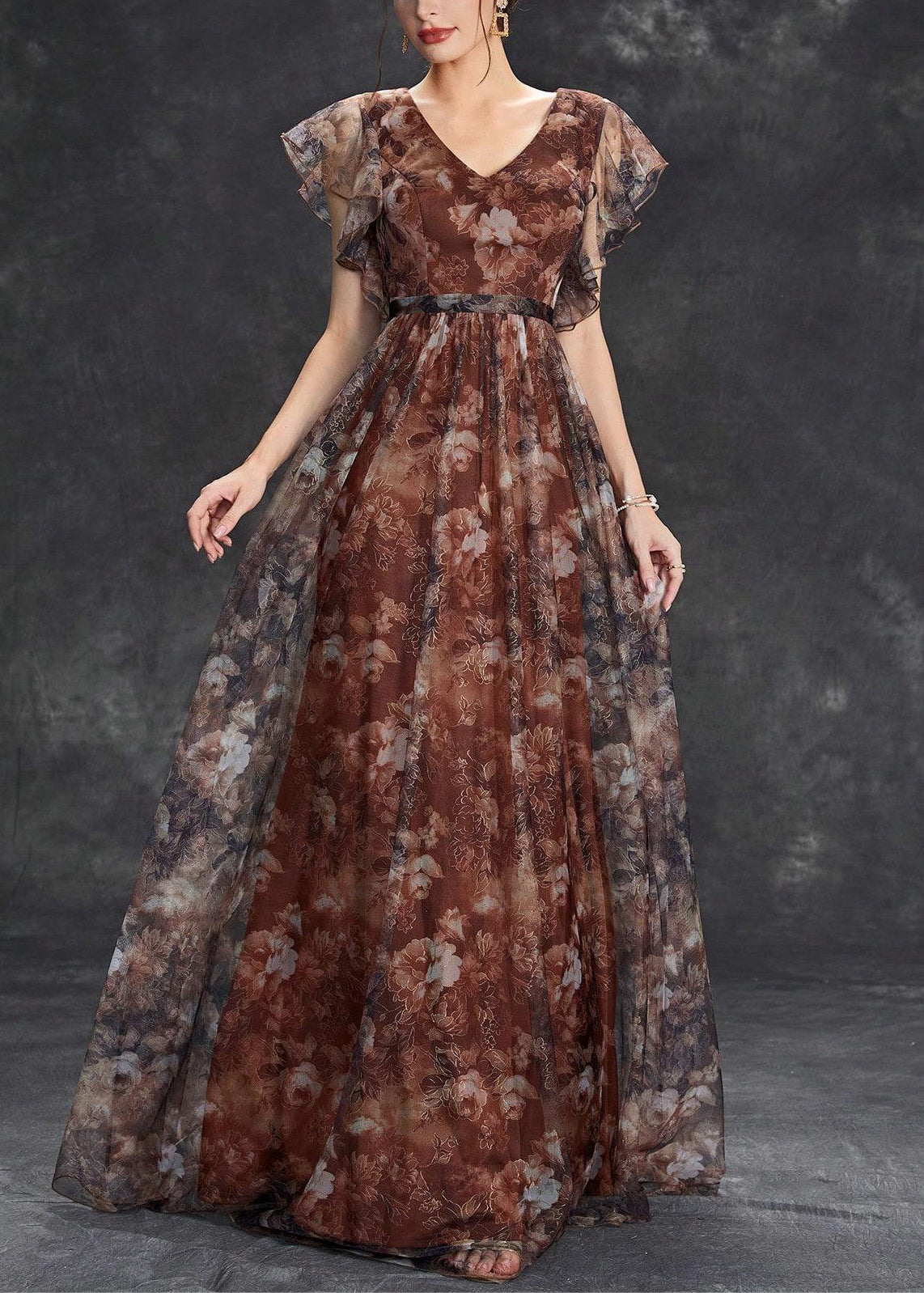 Sleeve Brown Tulle Print Long Neck V Dress Short