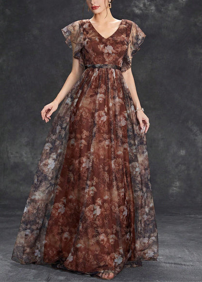 Sleeve Brown Tulle Print Long Neck V Dress Short