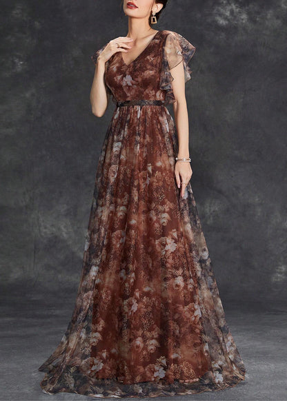 Sleeve Brown Tulle Print Long Neck V Dress Short