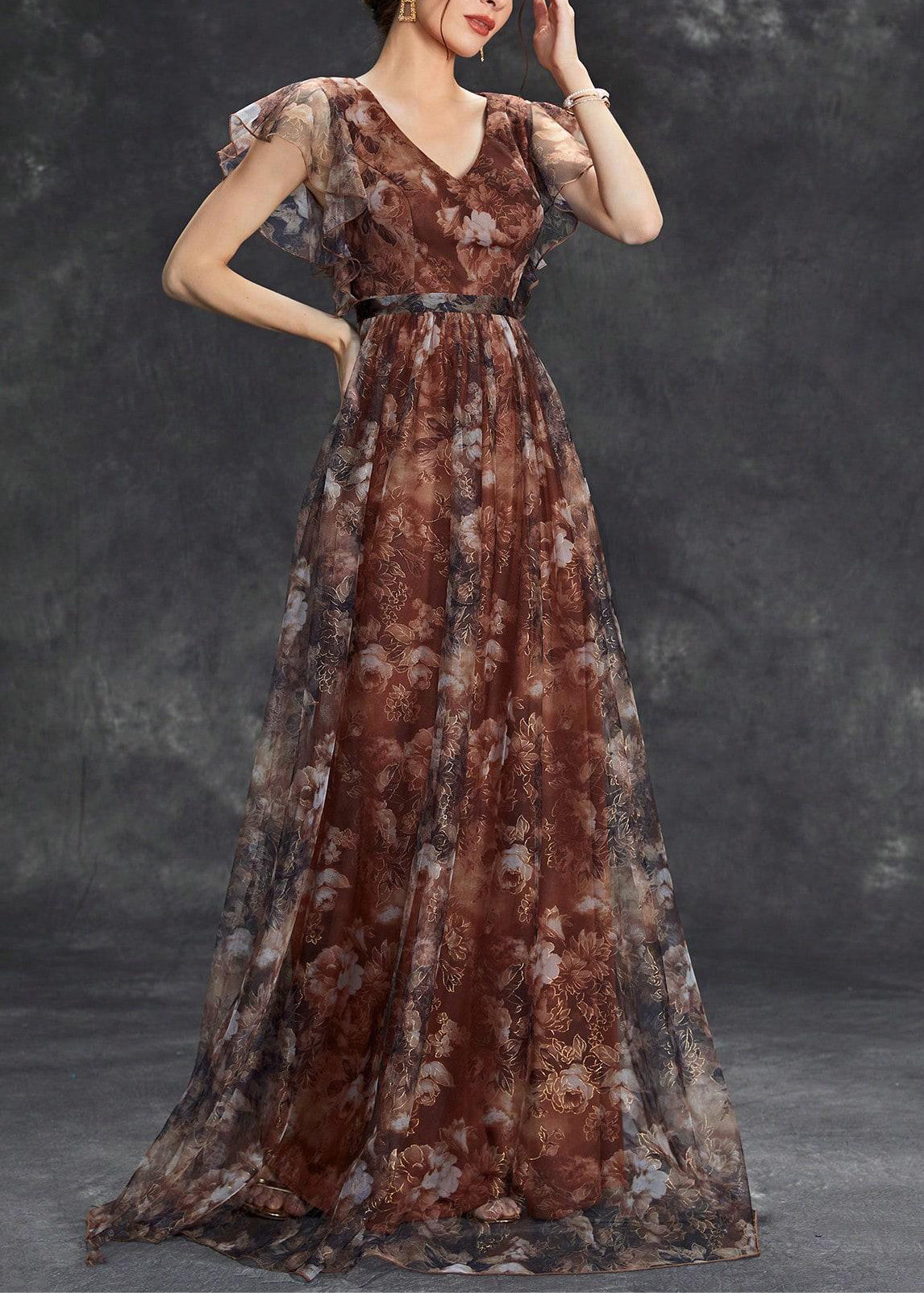 Sleeve Brown Tulle Print Long Neck V Dress Short