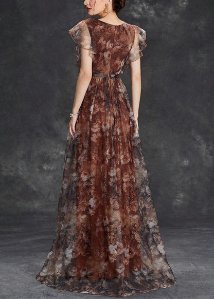 Sleeve Brown Tulle Print Long Neck V Dress Short