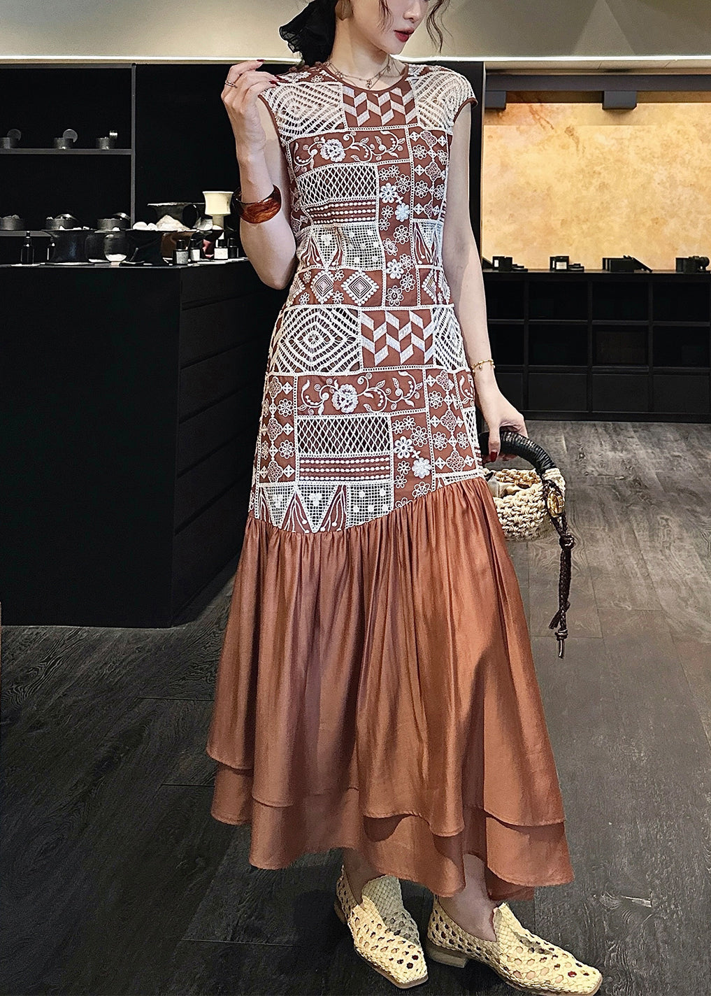 Brown Long Zippered Out Hollow Patchwork Dresses Cotton