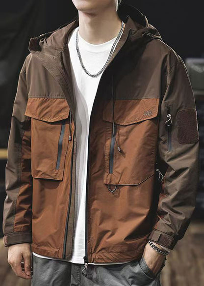Coat Loose Men Hooded Zippered Pockets Brown Cotton Patchwork