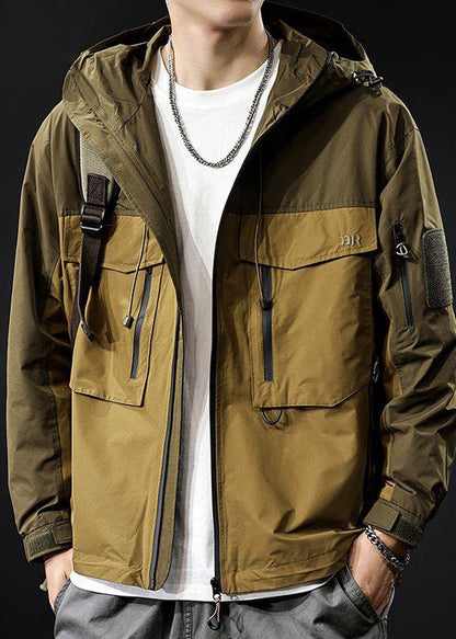 Coat Loose Men Hooded Zippered Pockets Brown Cotton Patchwork