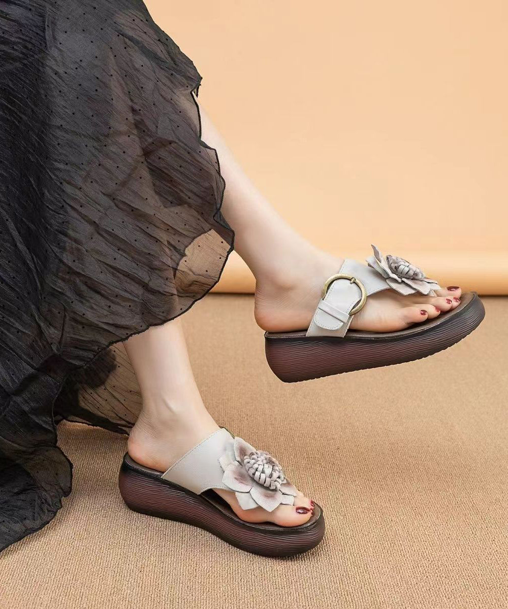 Cameo Brown Floral Handmade Cowhide Leather Wedge Thong Sandals OI071