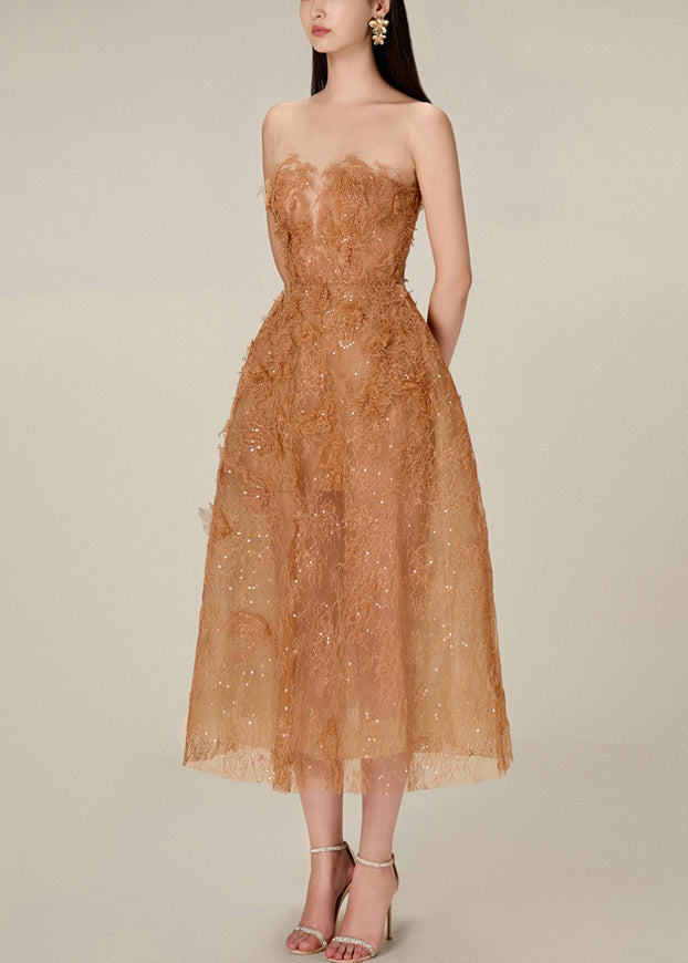 Caramel Lace Sequins Tulle Long Dress Strapless Summer KK017