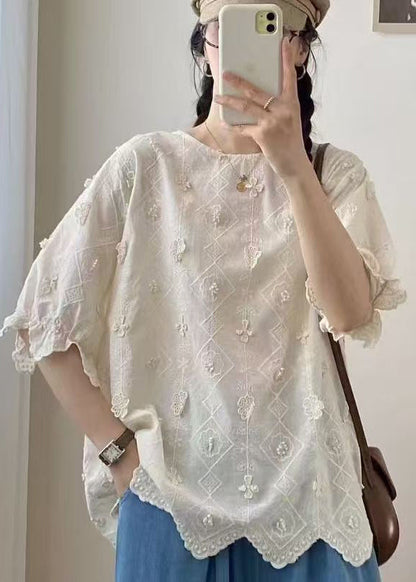 Casual Jacquard Top Apricot Summer Oversized Cotton