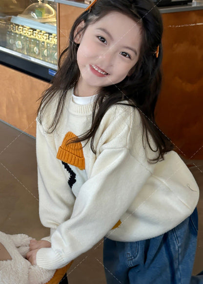 Casual Apricot Penguin Print Cotton Knit Girls Sweater Tops Winter WL042