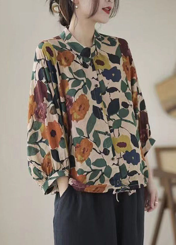 Casual Apricot Stand Collar Print Cotton Shirts Long Sleeve AP052