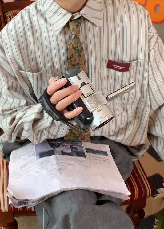 Collar Pockets Striped Oversized Apricot Cotton Peter Pan Casual