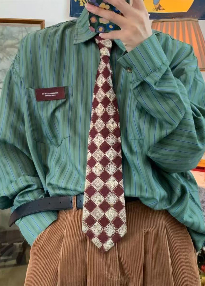 Collar Pockets Striped Oversized Apricot Cotton Peter Pan Casual