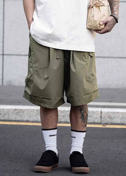 Green Elastic Waist Cotton Men Pockets Shorts Casual Summer Army