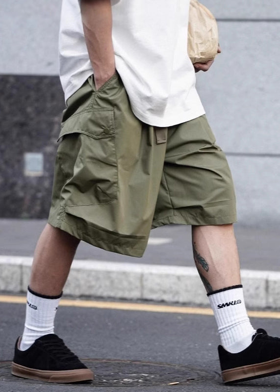 Green Elastic Waist Cotton Men Pockets Shorts Casual Summer Army