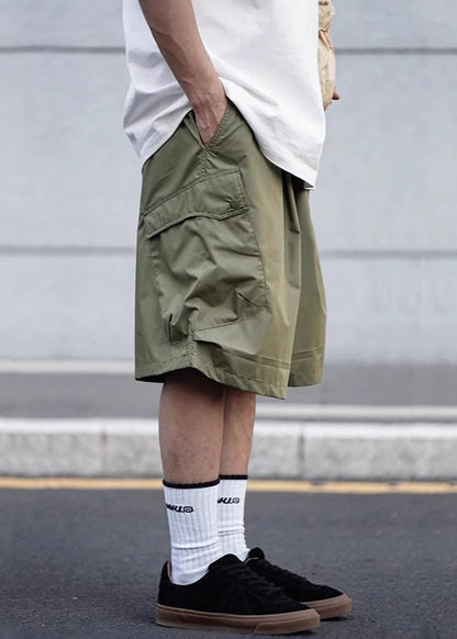 Green Elastic Waist Cotton Men Pockets Shorts Casual Summer Army