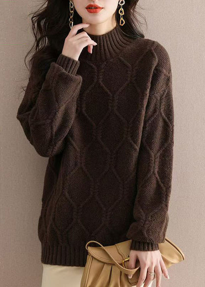 Casual Beige Half Hign Neck Thick Knit Sweater Tops Fall QL052