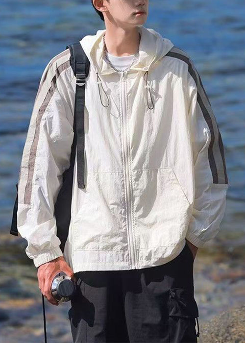 Casual Beige Coat Ice Striped 50+ Patchwork Silk Hooded UPF Mens