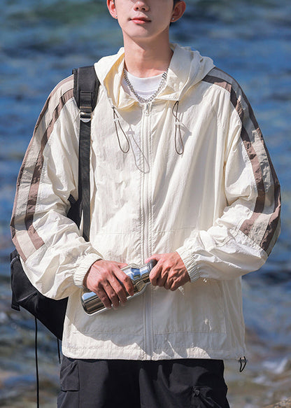 Casual Beige Coat Ice Striped 50+ Patchwork Silk Hooded UPF Mens