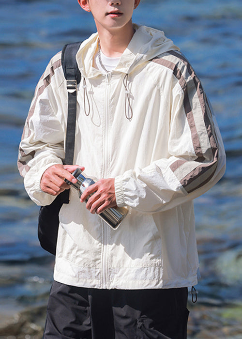 Casual Beige Coat Ice Striped 50+ Patchwork Silk Hooded UPF Mens