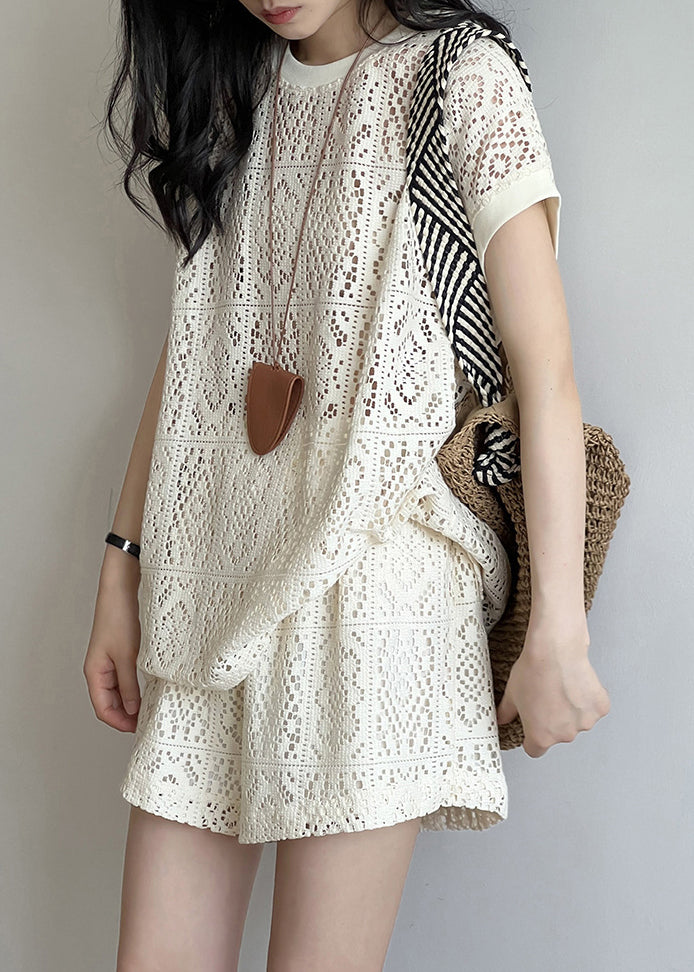 And Hollow Beige Pieces Set O-Neck Casual Two Shorts Top Out