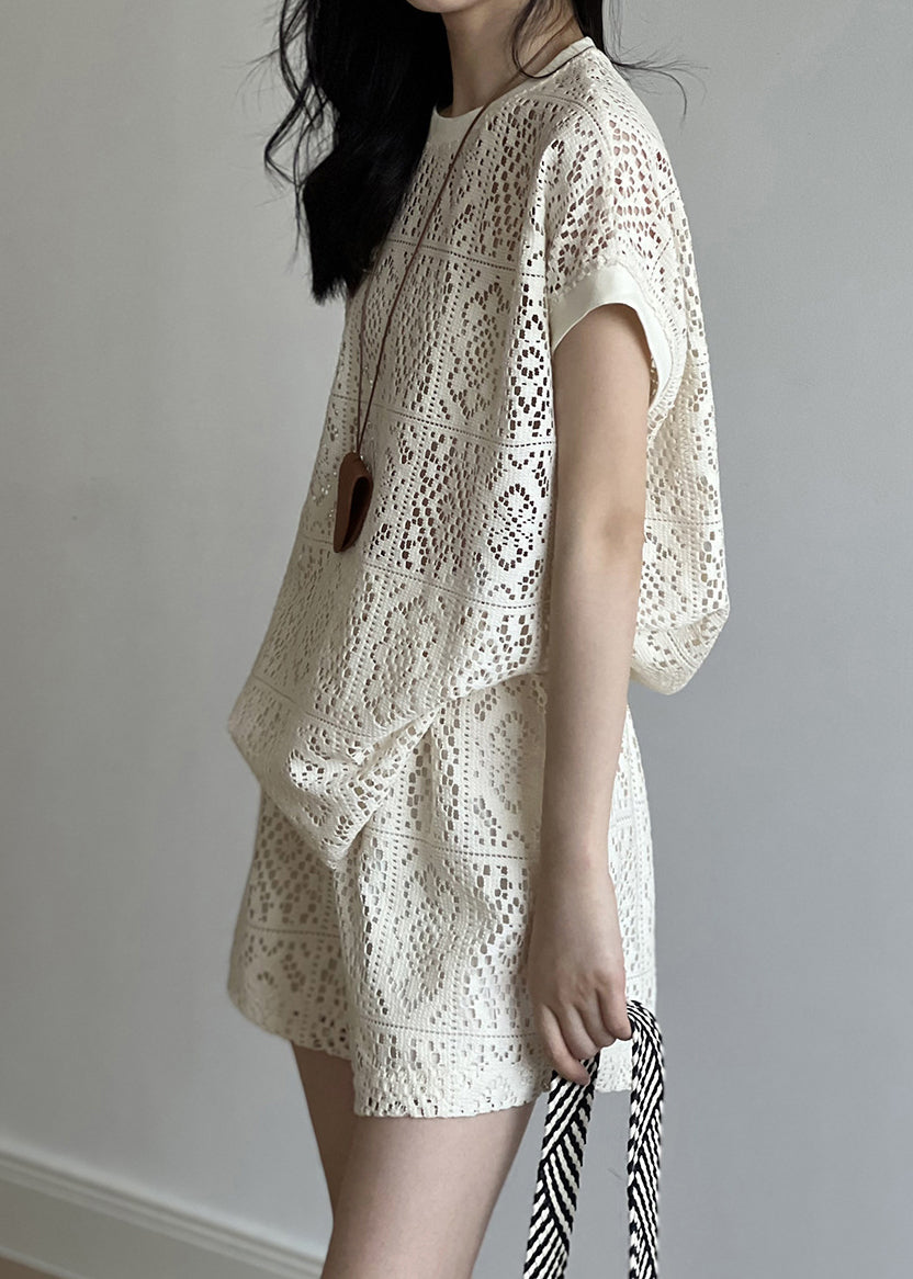 And Hollow Beige Pieces Set O-Neck Casual Two Shorts Top Out