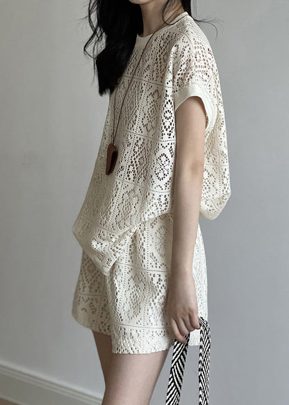 And Hollow Beige Pieces Set O-Neck Casual Two Shorts Top Out