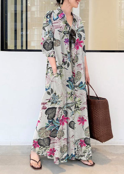 Ankle Cotton Spring Dress Casual Beige Shirt Print Oversized