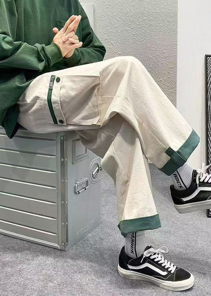 Cotton Pockets Beige Patchwork Zip Up Men Casual Crop Pants