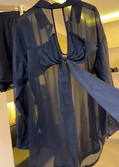 Summer Backless Sheer Blouses Chiffon Casual Black Bow