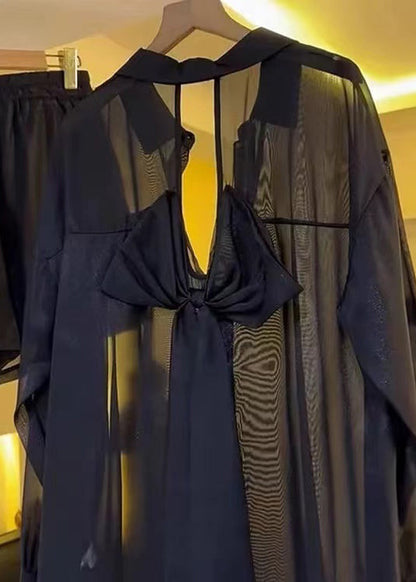 Summer Backless Sheer Blouses Chiffon Casual Black Bow