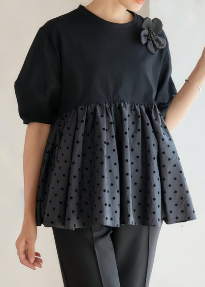 Dot Decorated Casual Cotton Tank Black Flower Summer Patchwork