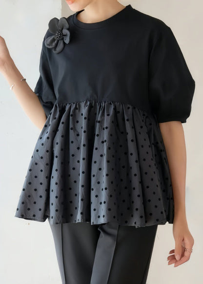 Dot Decorated Casual Cotton Tank Black Flower Summer Patchwork