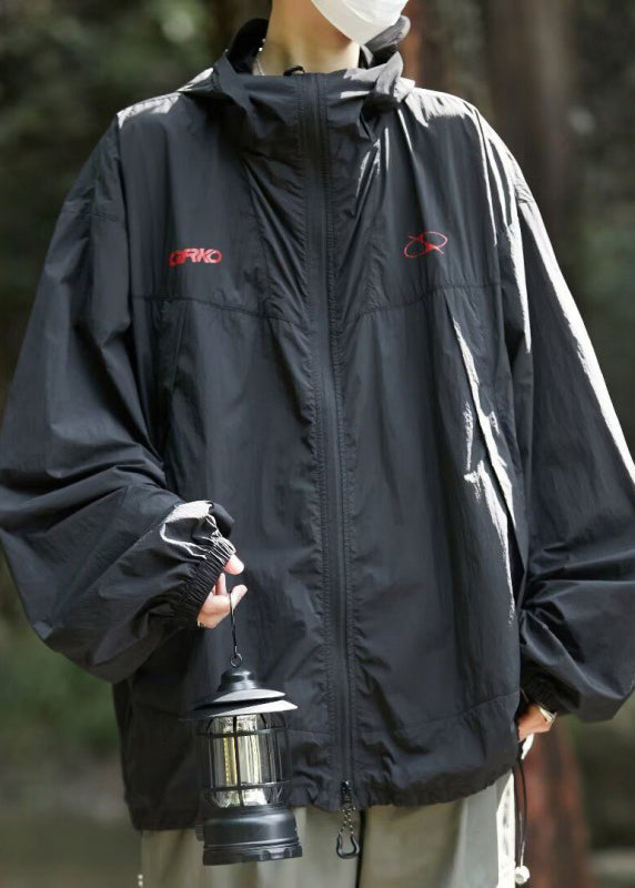 Men UPF Zippered Hooded Summer Print Casual Coat 50+ Black