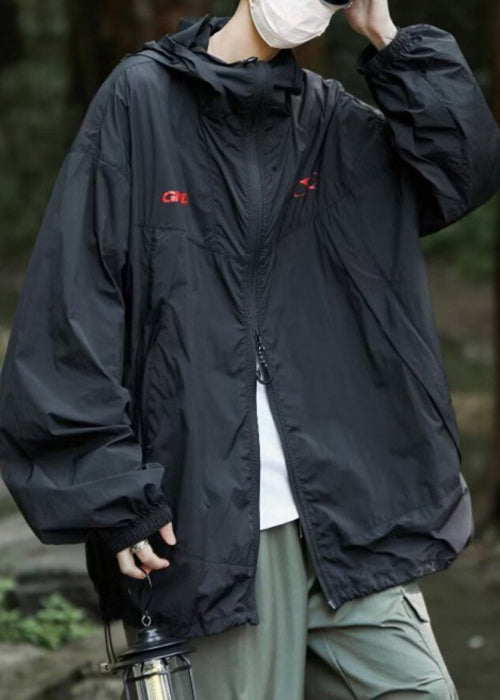 Men UPF Zippered Hooded Summer Print Casual Coat 50+ Black