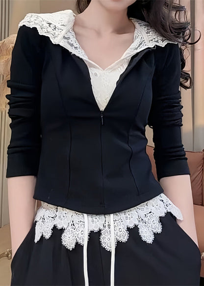 Hooded And Patchwork Pants Sweatshirt Lace Black Casual Straight