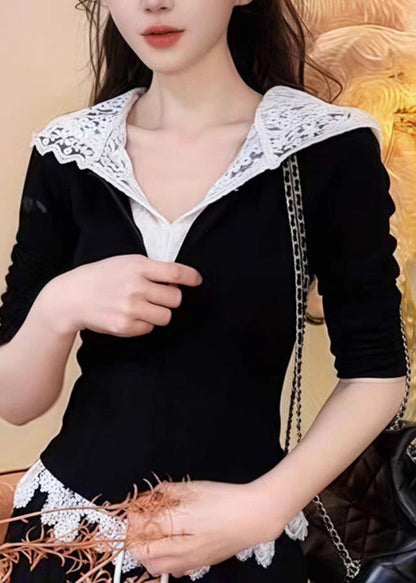 Hooded And Patchwork Pants Sweatshirt Lace Black Casual Straight