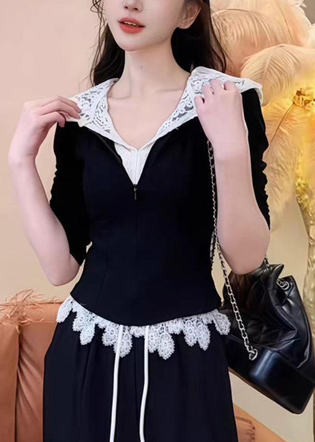 Hooded And Patchwork Pants Sweatshirt Lace Black Casual Straight