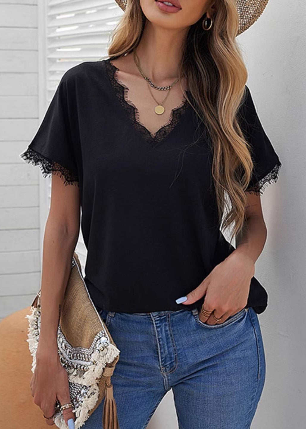 Sleeve Lace Black Solid Casual T Shirt Short Patchwork