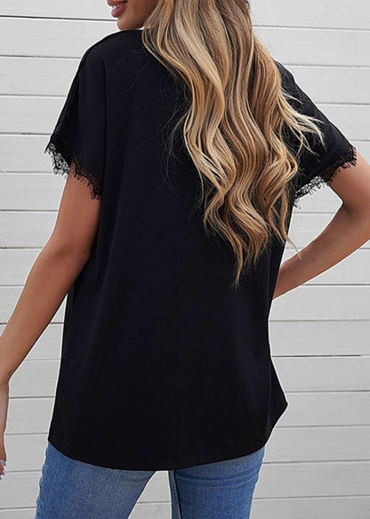 Sleeve Lace Black Solid Casual T Shirt Short Patchwork