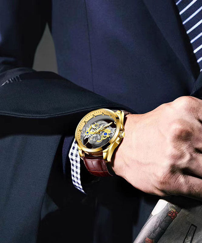 Machinery Out Hollow Leather Casual Black Watches Automatic Fully