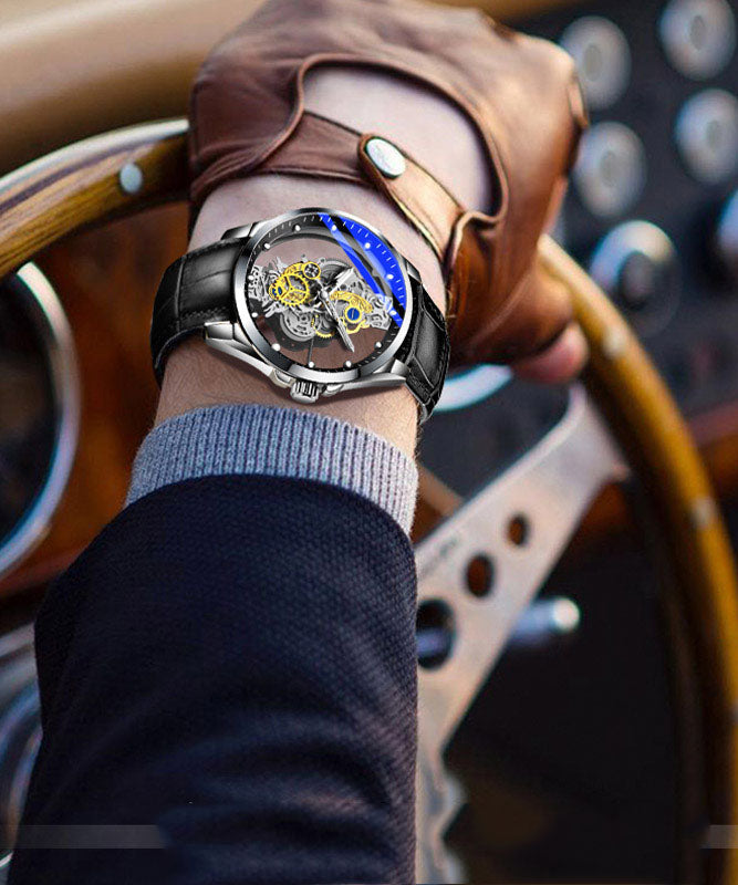 Machinery Out Hollow Leather Casual Black Watches Automatic Fully