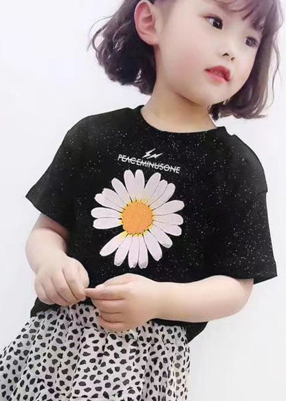 T-shirt décontracté à col rond en coton imprimé noir pour filles, été YU1031