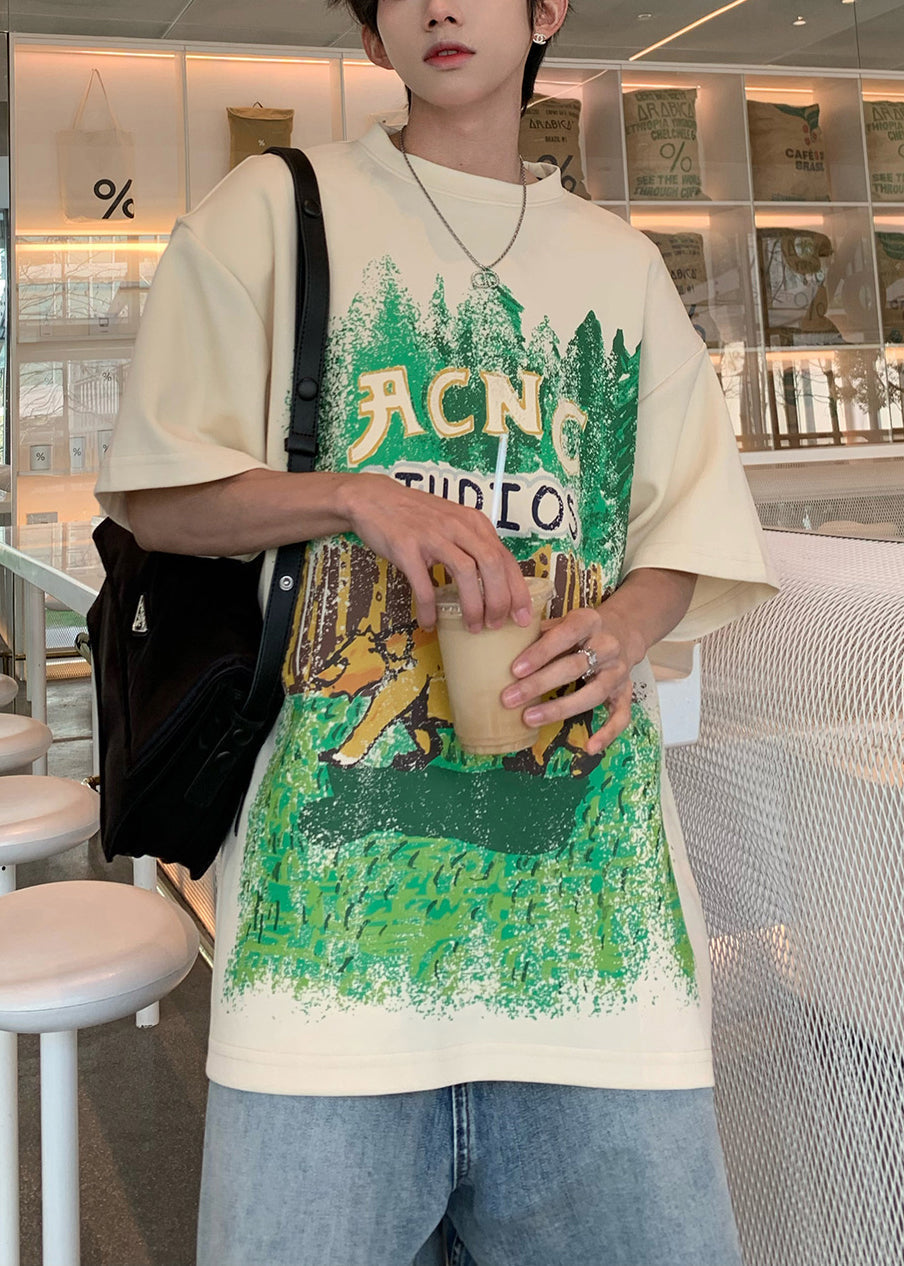 Casual Half Print Black Men's Cotton Shirts O-Neck T Sleeve