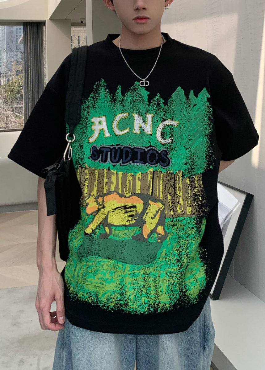 Casual Half Print Black Men's Cotton Shirts O-Neck T Sleeve