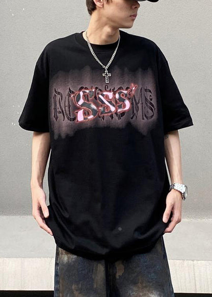 Casual Men Neck Summer Cotton Print Black O Shirt T